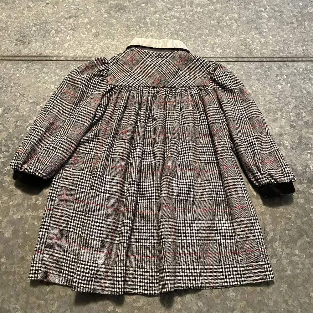 Vintage YSL Yves Saint Laurent Girls Dress 4 Long Sleeve Plaid Velvet Gray Black